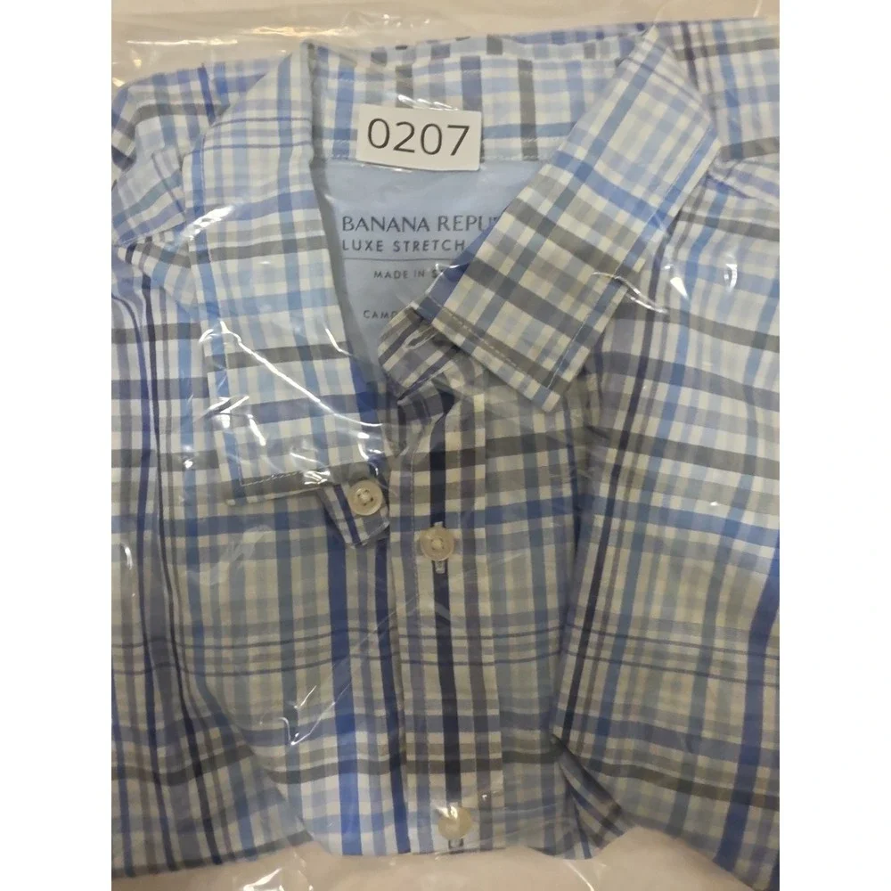 Banana Republic Shirt Mens M Blue Gray Plaid Grant Slim Fit Luxe Stretch Poplin